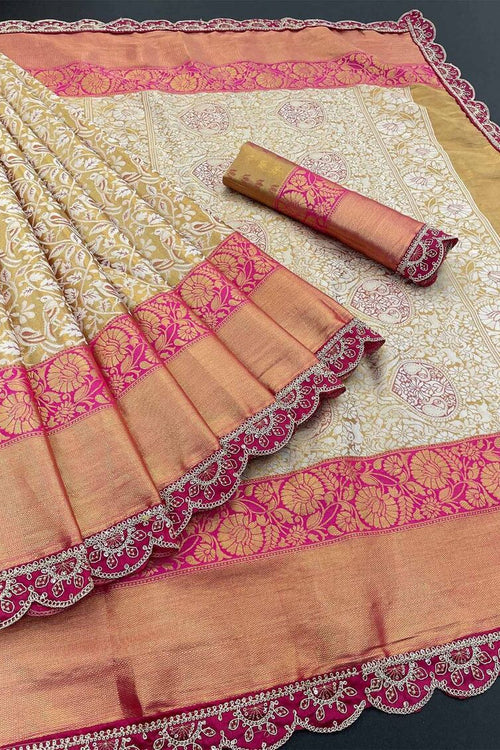 Load image into Gallery viewer, Elision Beige Kanjivaram Silk Saree With Fugacious Blouse Piece
