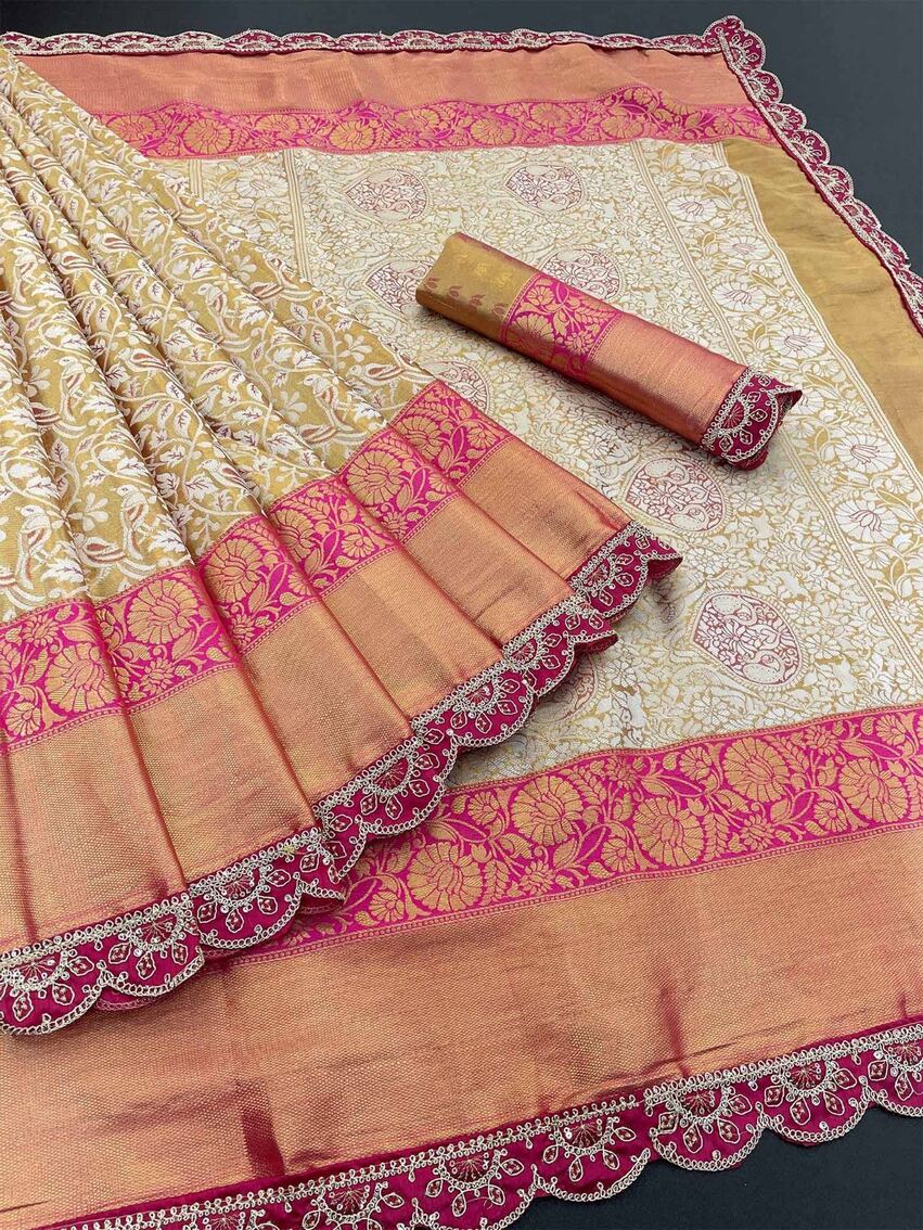 Elision Beige Kanjivaram Silk Saree With Fugacious Blouse Piece