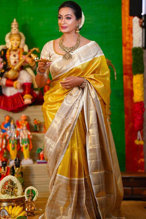 Load image into Gallery viewer, Bucolic Yellow Kanjivaram Silk Saree With Smashing Blouse Piece
