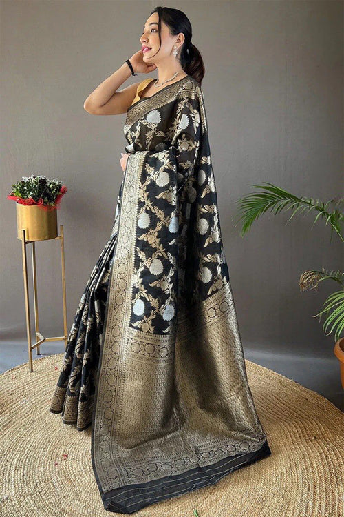 Load image into Gallery viewer, Delightful Black Cotton Silk Saree With Flamboyant Blouse Piece
