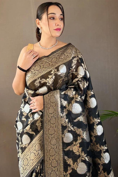 Load image into Gallery viewer, Delightful Black Cotton Silk Saree With Flamboyant Blouse Piece
