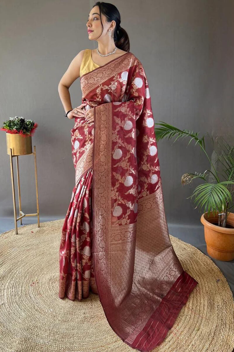 Dissemble Maroon Cotton Silk Saree With Epiphany Blouse Piece