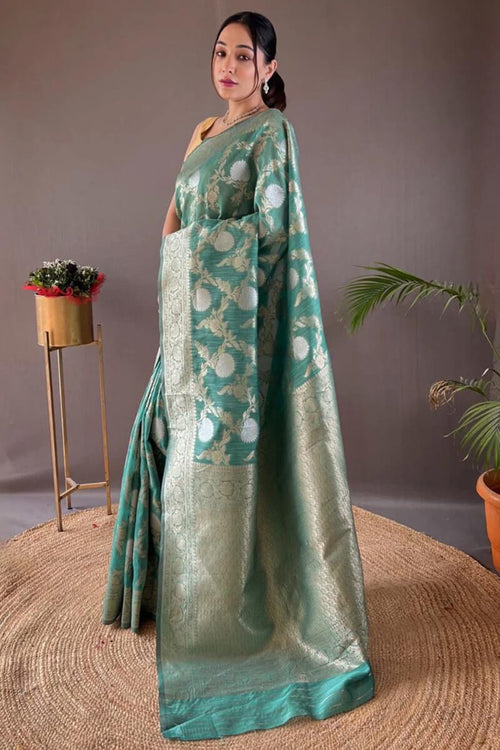 Load image into Gallery viewer, Susurrous Sea Green Cotton Silk Saree With Confounding Blouse Piece
