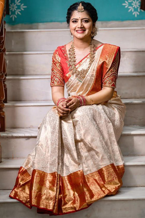 Load image into Gallery viewer, Palimpsest Off White Soft Silk Saree With Gossamer Blouse Piece
