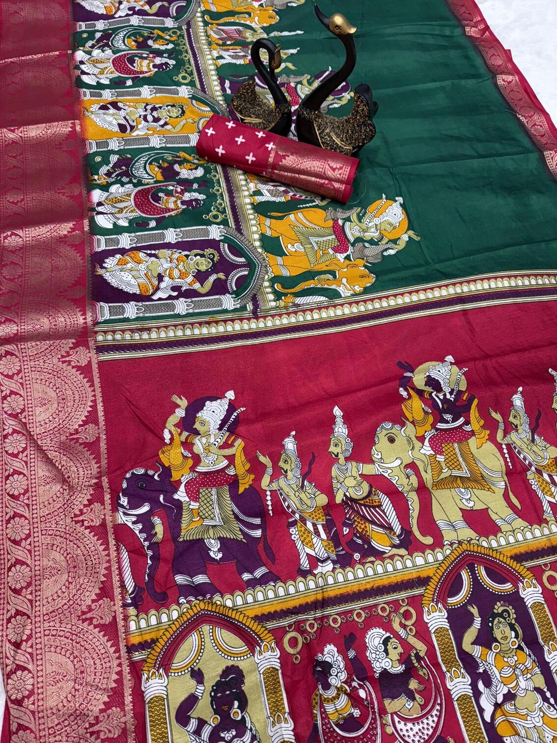 Gorgeous Dark Green Digital Printed Dola Silk Saree With Dazzling Blouse Piece