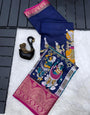 Ravishing Navy Blue Digital Printed Dola Silk Saree With Groovy Blouse Piece