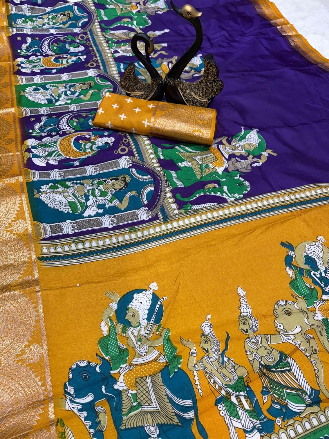 Chatoyant Royal Blue Digital Printed Dola Silk Saree With Assemblage Blouse Piece