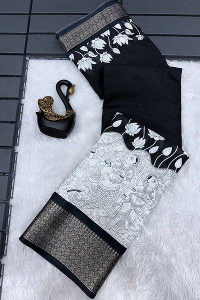 Ailurophile Black Digital Printed Dola Silk Saree With Demesne Blouse Piece