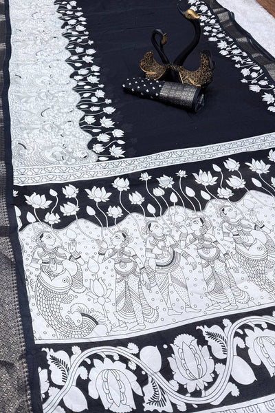 Ailurophile Black Digital Printed Dola Silk Saree With Demesne Blouse Piece
