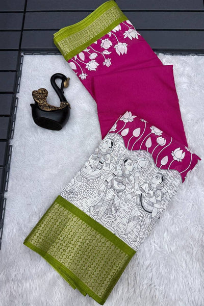 Elision Dark Pink Digital Printed Dola Silk Saree With Snazzy Blouse Piece