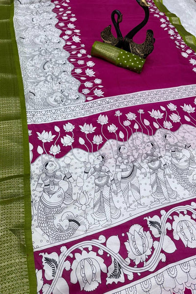 Elision Dark Pink Digital Printed Dola Silk Saree With Snazzy Blouse Piece