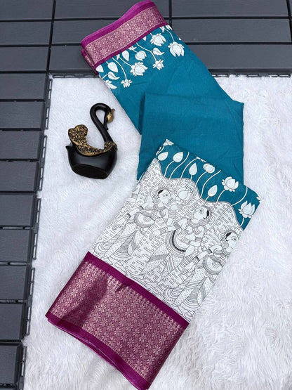 Tempting Firozi Digital Printed Dola Silk Saree With Resplendent Blouse Piece