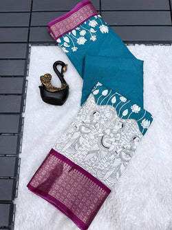 Tempting Firozi Digital Printed Dola Silk Saree With Resplendent Blouse Piece