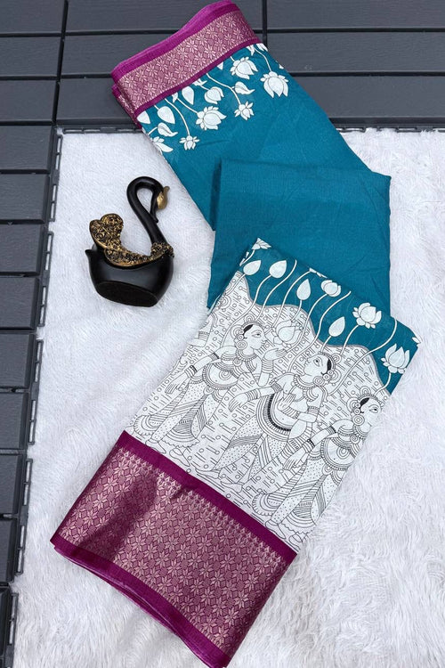 Load image into Gallery viewer, Tempting Firozi Digital Printed Dola Silk Saree With Resplendent Blouse Piece
