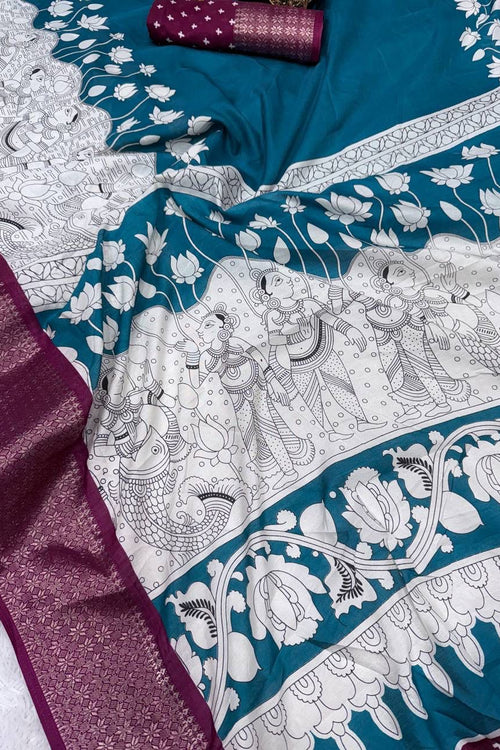 Load image into Gallery viewer, Tempting Firozi Digital Printed Dola Silk Saree With Resplendent Blouse Piece
