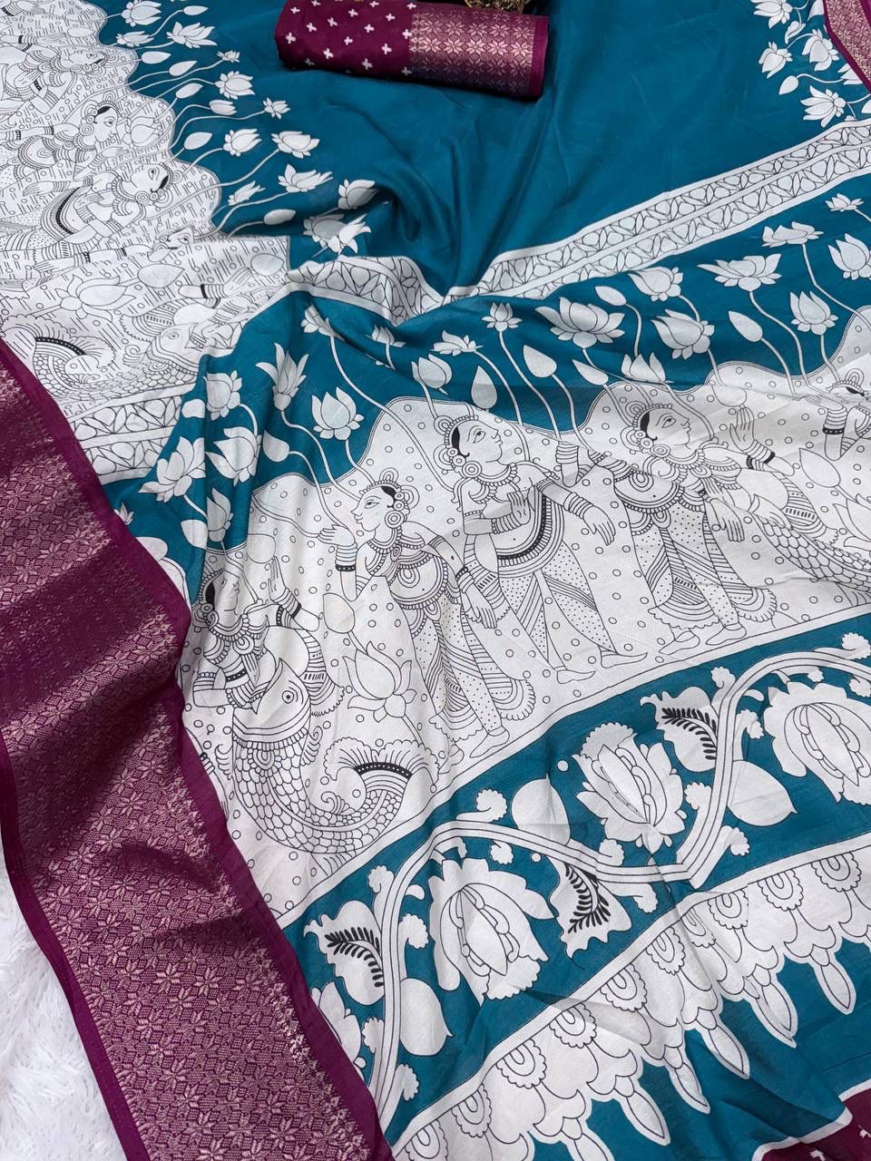 Tempting Firozi Digital Printed Dola Silk Saree With Resplendent Blouse Piece