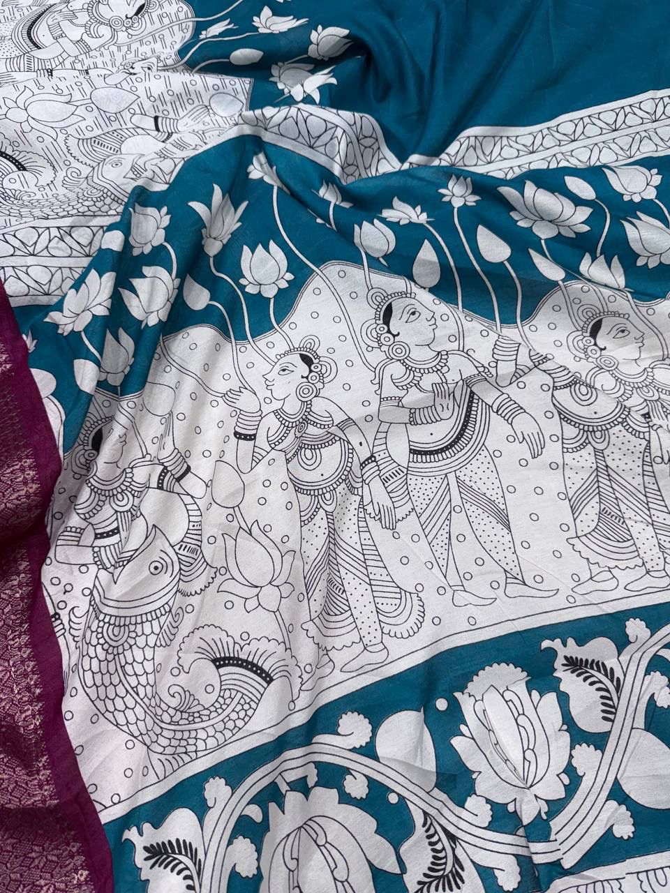 Tempting Firozi Digital Printed Dola Silk Saree With Resplendent Blouse Piece