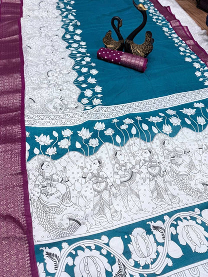 Tempting Firozi Digital Printed Dola Silk Saree With Resplendent Blouse Piece