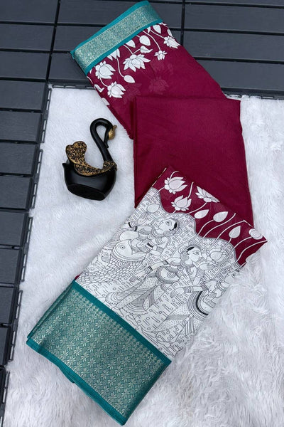 Panache Maroon Digital Printed Dola Silk Saree With Quixotic Blouse Piece