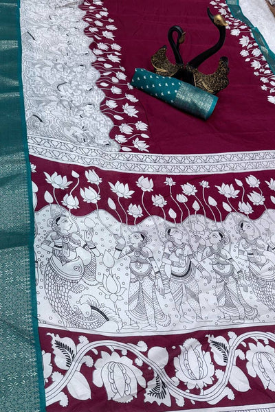 Panache Maroon Digital Printed Dola Silk Saree With Quixotic Blouse Piece