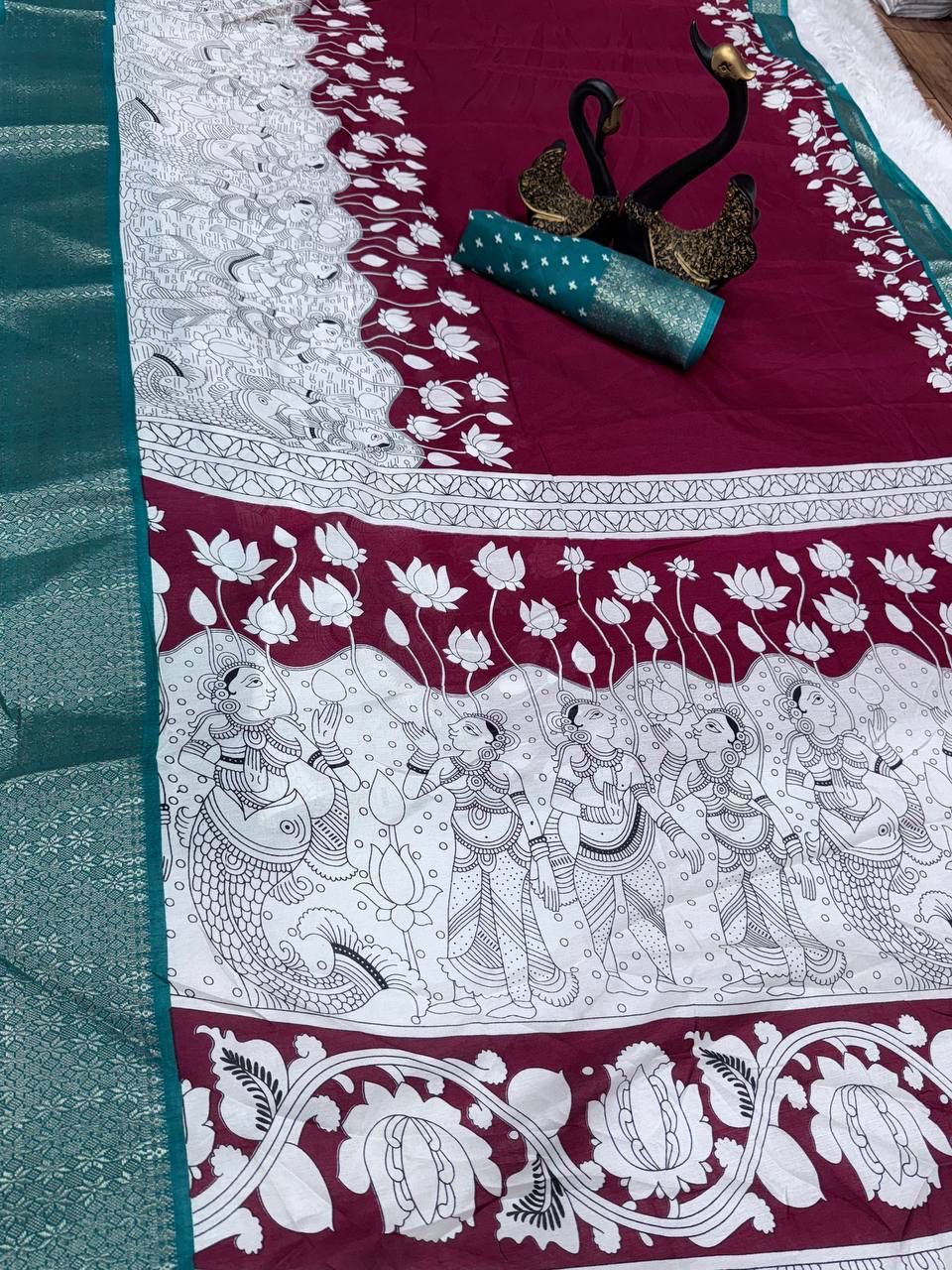 Panache Maroon Digital Printed Dola Silk Saree With Quixotic Blouse Piece