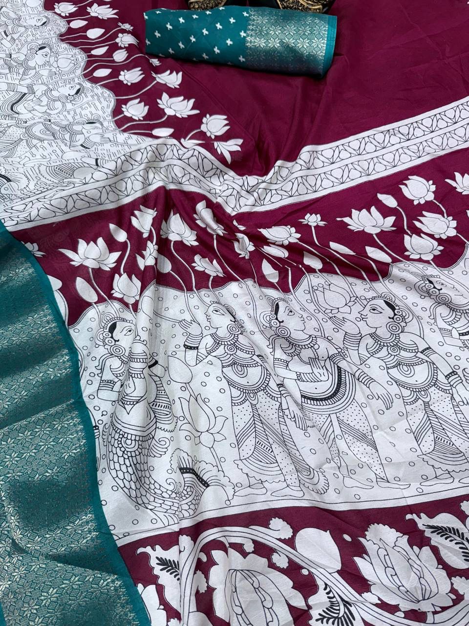 Panache Maroon Digital Printed Dola Silk Saree With Quixotic Blouse Piece