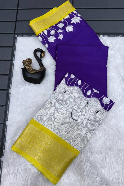 Eclat Royal Blue Digital Printed Dola Silk Saree With Verdant Blouse Piece