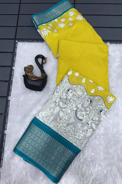 Lustrous Yellow Digital Printed Dola Silk Saree With Exemplary Blouse Piece