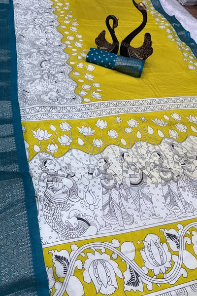 Lustrous Yellow Digital Printed Dola Silk Saree With Exemplary Blouse Piece