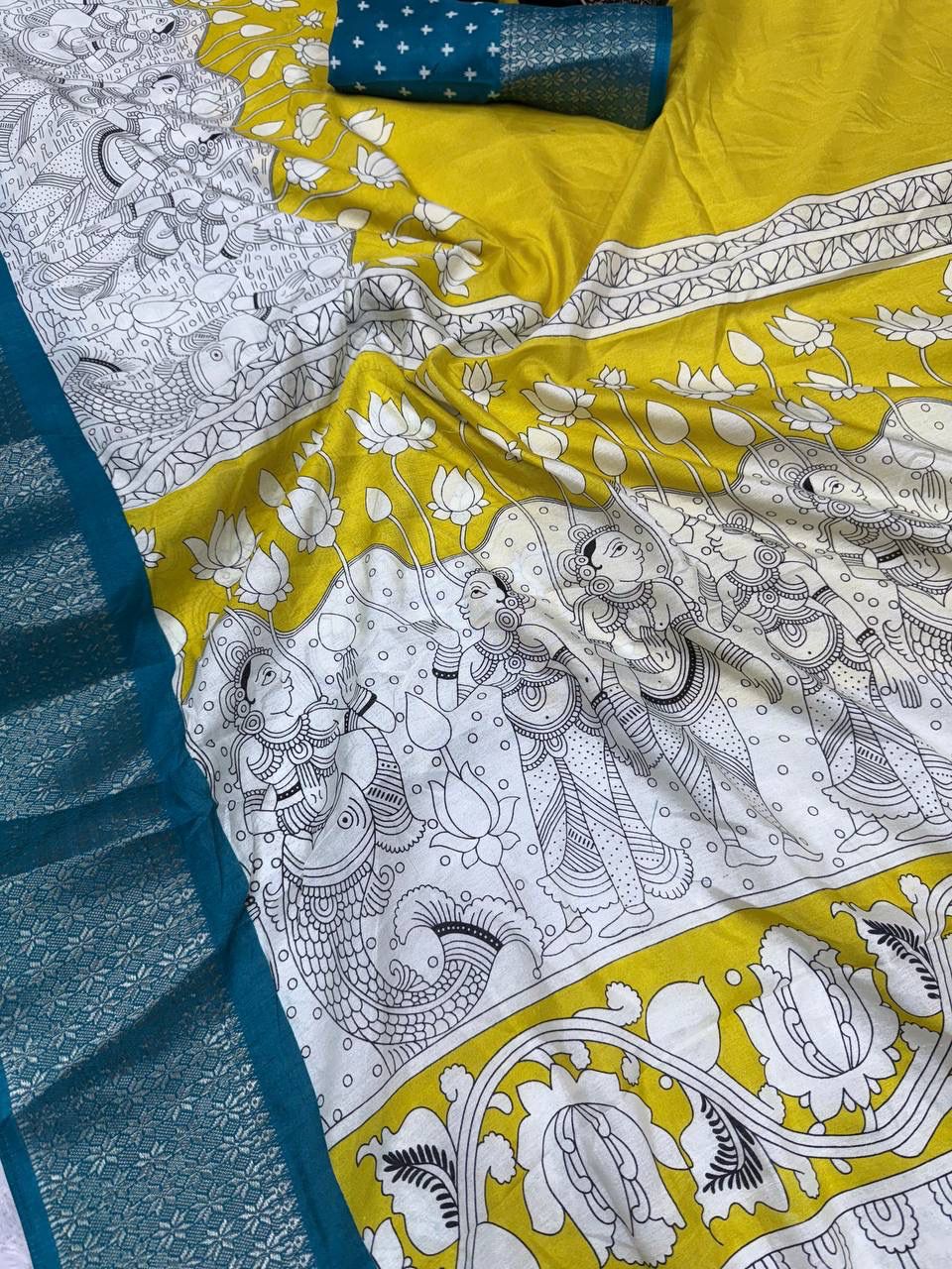 Lustrous Yellow Digital Printed Dola Silk Saree With Exemplary Blouse Piece