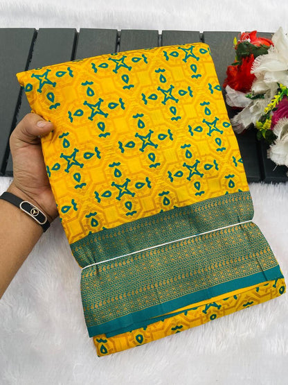 Imbrication Yellow Soft Banarasi Silk Saree With Propinquity Blouse Piece