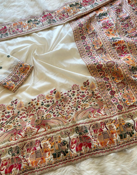 Redolent Beige Pashmina Saree With Embrocation Blouse Piece