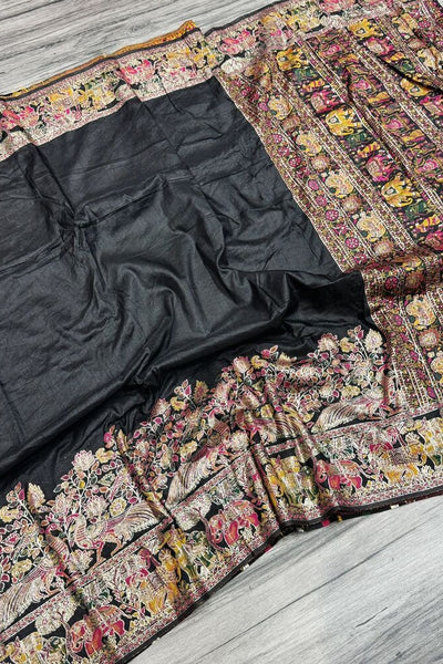Bucolic Black Pashmina Saree With Exquisite Blouse Piece