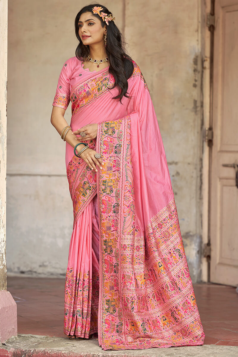 Elision Baby Pink Pashmina Saree With Demure Blouse Piece