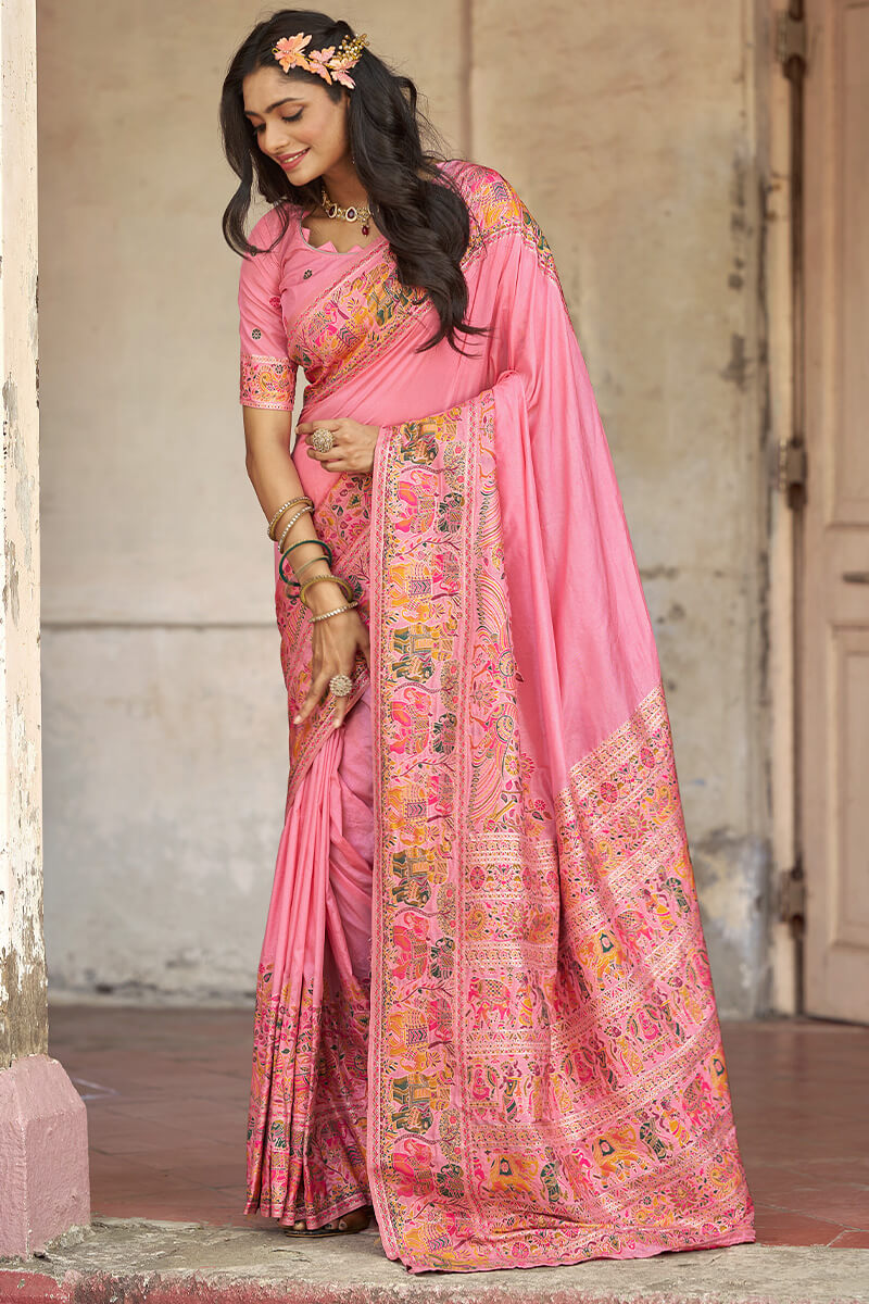 Elision Baby Pink Pashmina Saree With Demure Blouse Piece