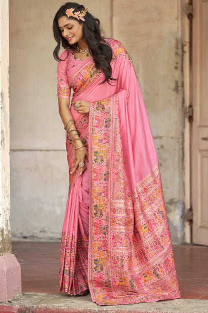 Elision Baby Pink Pashmina Saree With Demure Blouse Piece