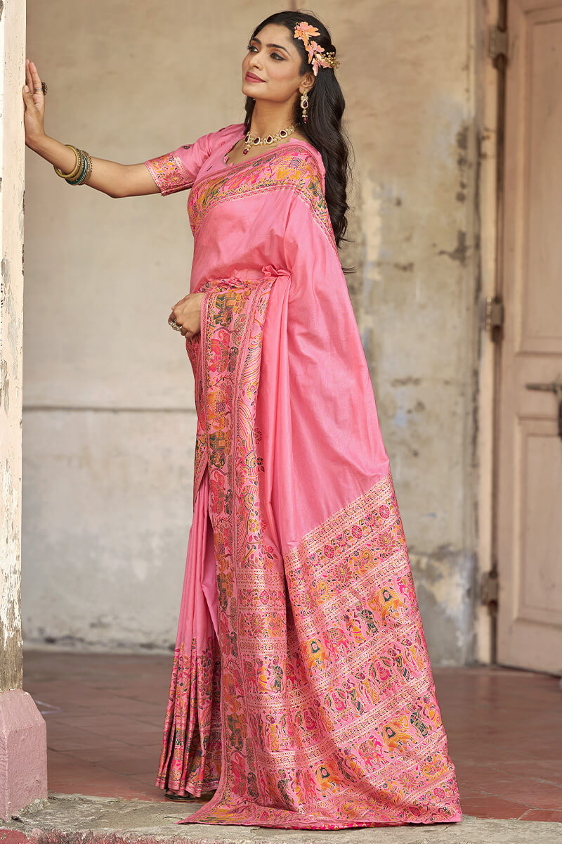 Elision Baby Pink Pashmina Saree With Demure Blouse Piece
