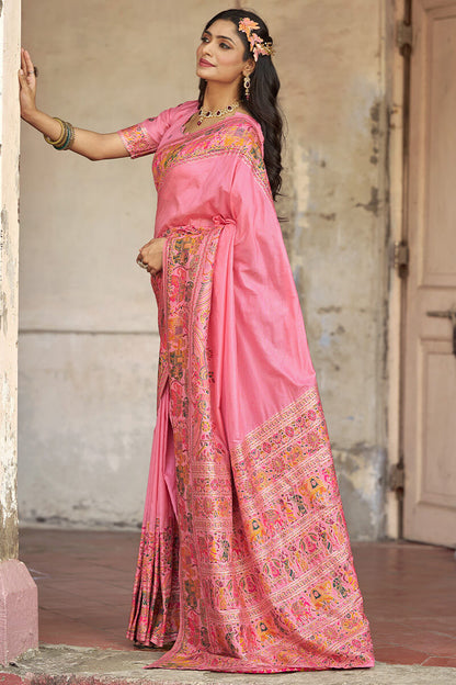Elision Baby Pink Pashmina Saree With Demure Blouse Piece