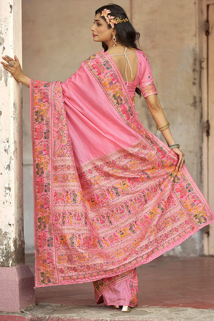 Elision Baby Pink Pashmina Saree With Demure Blouse Piece