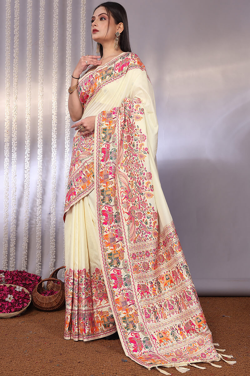 Gossamer Beige Pashmina Saree With Stylish Blouse Piece
