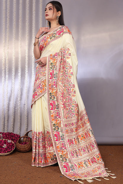 Gossamer Beige Pashmina Saree With Stylish Blouse Piece