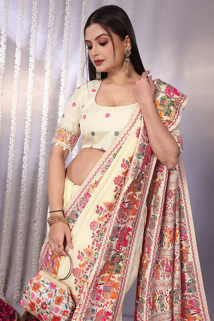 Gossamer Beige Pashmina Saree With Stylish Blouse Piece