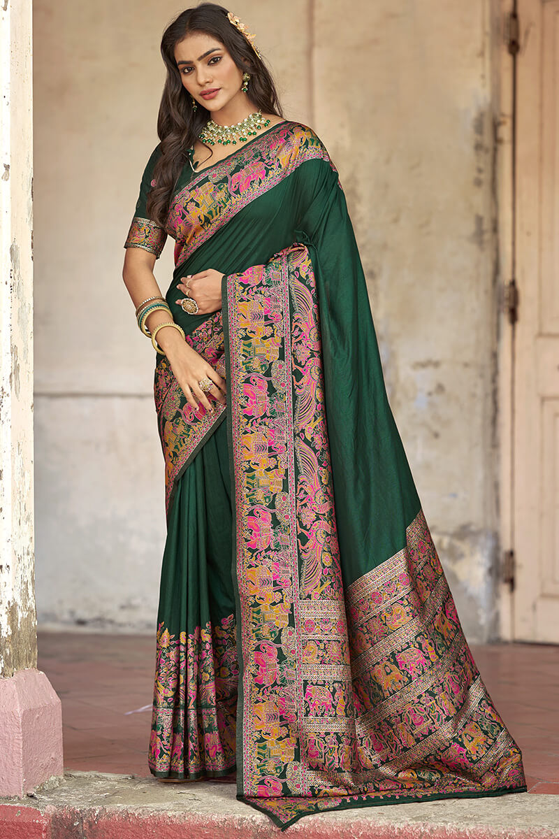 Flattering Dark Green Pashmina Saree With Mellifluous Blouse Piece