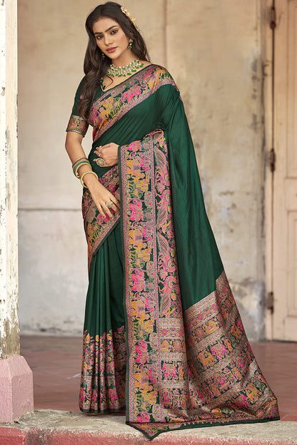 Flattering Dark Green Pashmina Saree With Mellifluous Blouse Piece