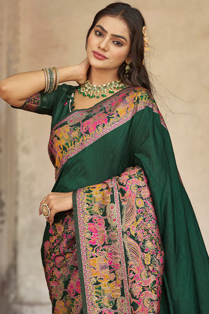 Flattering Dark Green Pashmina Saree With Mellifluous Blouse Piece