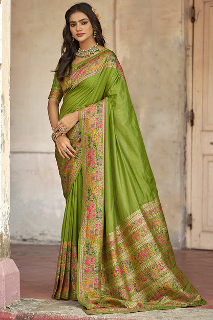 Surreptitious Green Pashmina Saree With Inspiring Blouse Piece