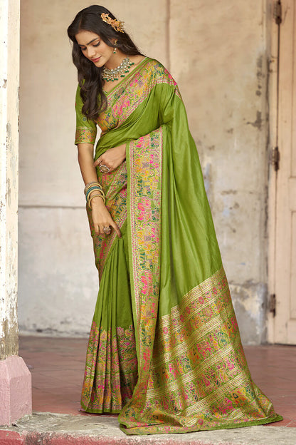 Surreptitious Green Pashmina Saree With Inspiring Blouse Piece
