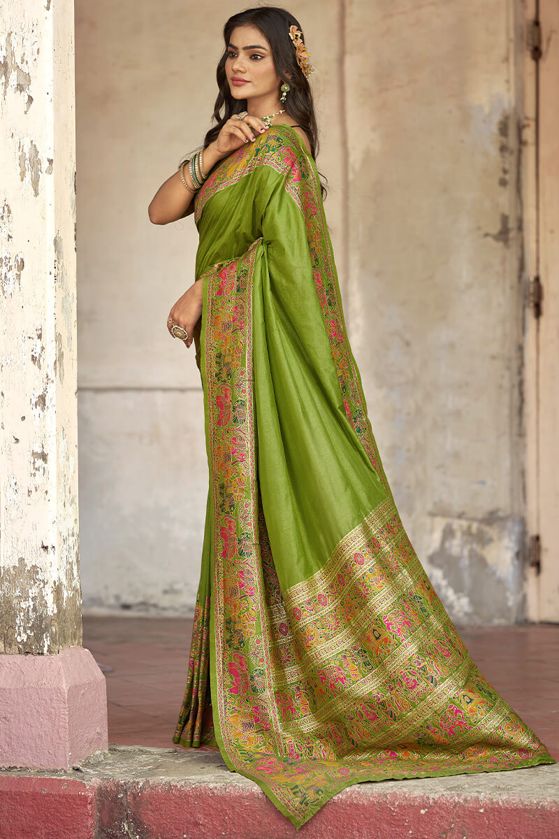 Surreptitious Green Pashmina Saree With Inspiring Blouse Piece