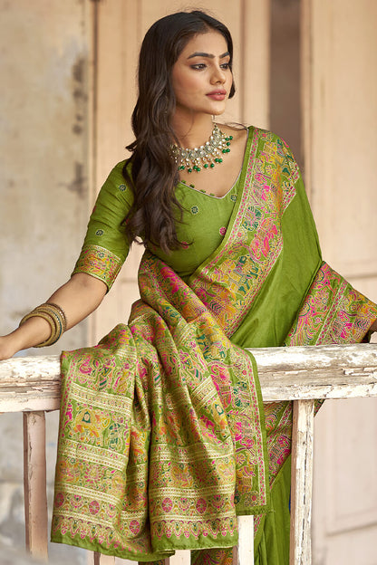 Surreptitious Green Pashmina Saree With Inspiring Blouse Piece