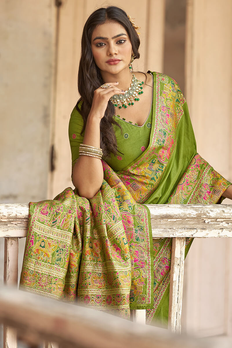 Surreptitious Green Pashmina Saree With Inspiring Blouse Piece